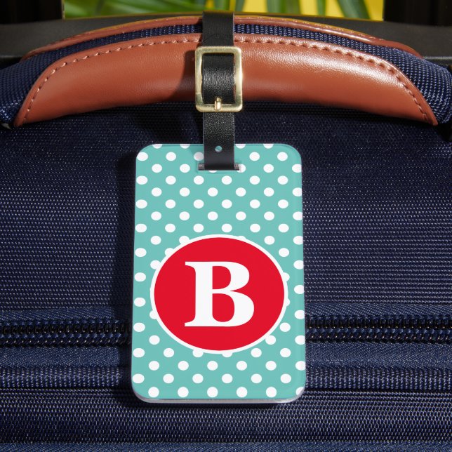 Ljus turkos och vit prickig med röd monogram bagagebricka (Framsida Insitu 2)