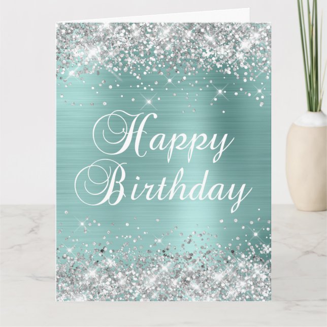 Ljus Turkos Silver Glitter Stor Glad Födelsedag Kort (Framsida)