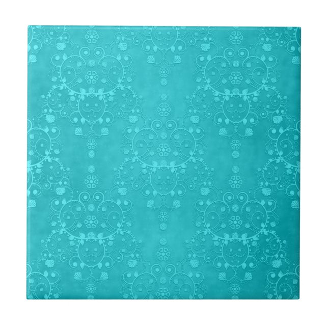 Ljus turkos teal aqua damaskmönster kakelplatta (Framsidan)