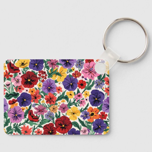 Ljus vårpensé floral trädgårdsmönster nyckelring (Framsida)