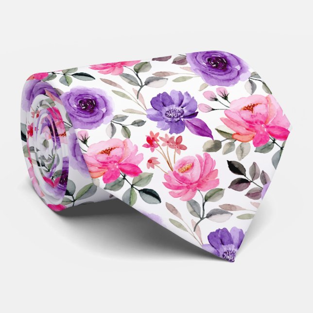 Ljus vattenfärg blommönster i rosa och lila slips (Rullad)