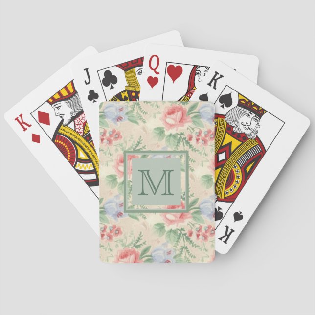 Ljus Vintage Rosa Blommönster Monogram Casinokort (Baksidan)