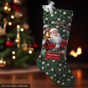 Ljus Vintage Santa Stocking med eget namn Stor Julstrumpa