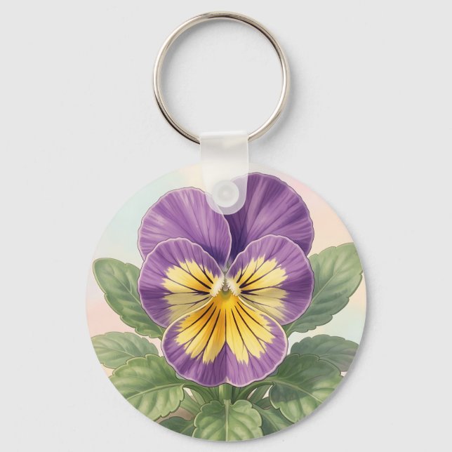 Ljus violett gul penséblomma botanisk  nyckelring (Framsida)