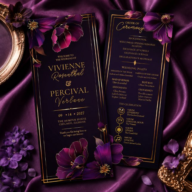 Ljus Violetta Lila Blommig Bröllopsprogram Program (Elegant Luminous Violets Wedding Program)