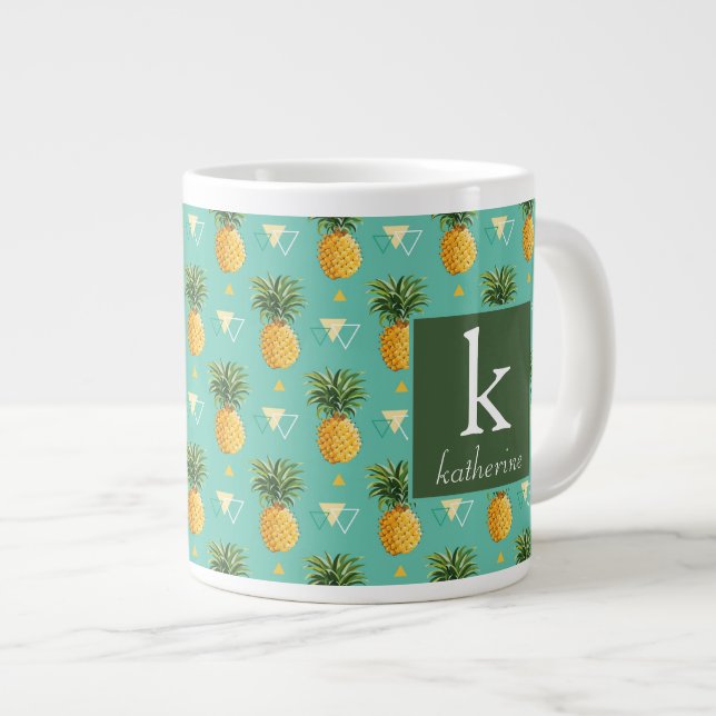 Ljusa ananas på geometriskt Mönster| Monogram Jumbo Mugg (Framsida höger)