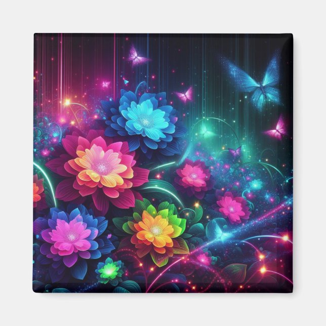 Ljusa, färgade nyblommor/fjärilar magnet (Framsidan)