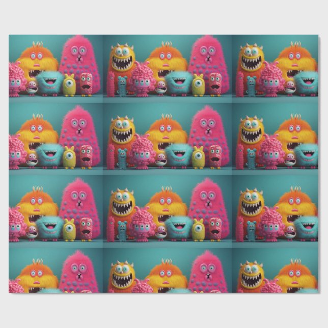 Ljusa färger, färglösa, håriga monster presentpapper (Platt)