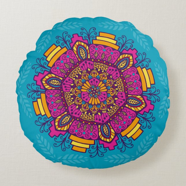 Ljusa färger Mandala Round Pillow Rund Kudde (Framsidan)