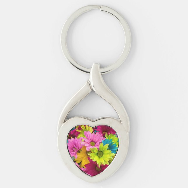 LJUSA FÄRGRIKA BLOMMOR TWISTED HEART SILVERFÄRGAD NYCKELRING (Framsidan)
