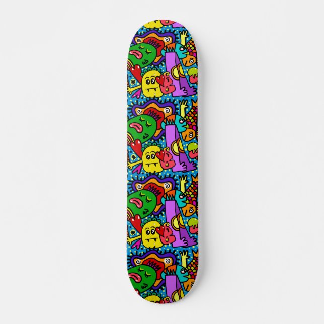 Ljusa färgrika tecknadmonster skateboard bräda 20 cm (Framsida)