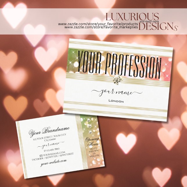 Ljusa Grönt Rosa Glitter White och Guld Diamonder Visitkort (Skapare uppladdad)