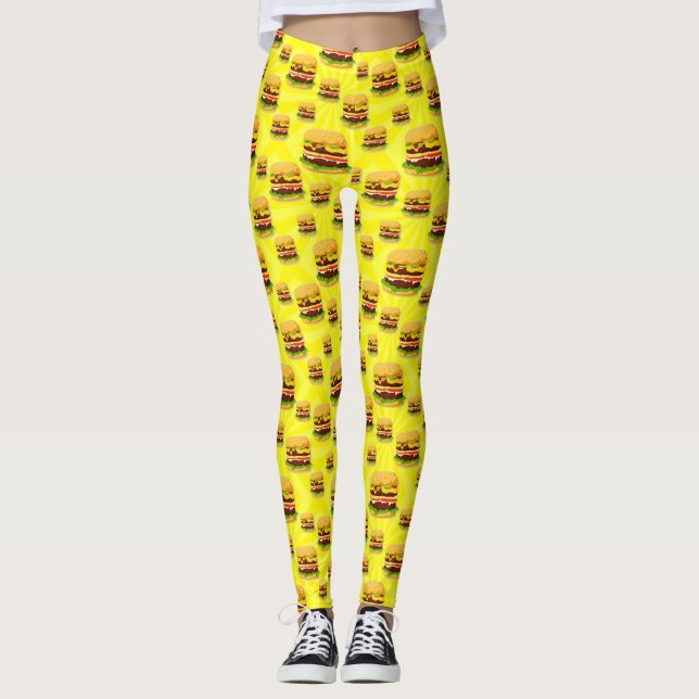 Ljusa gula Cheeseburgers illustrerade damasker Leggings (Framsida)