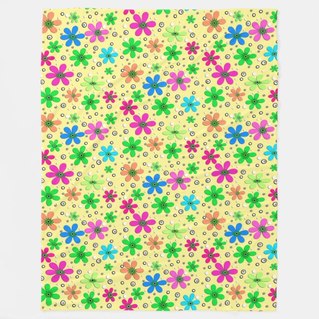 Ljusa kamomill med flera färgader på en gult fleecefilt (Framsidan)