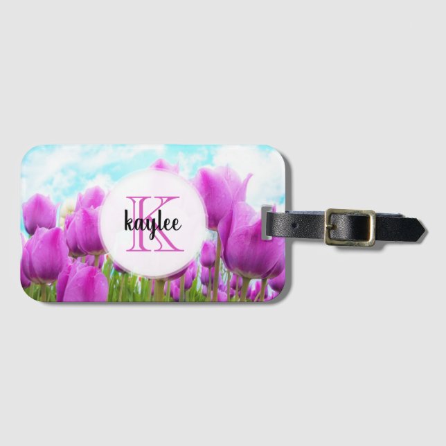 Ljusa Magentor, monogrammade, feminina tuliper Bagagebricka (Framsida horisontal)