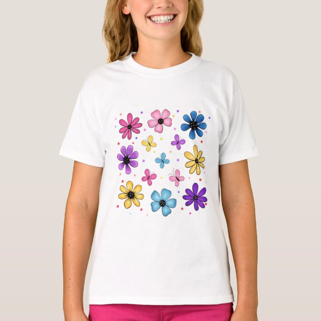 Ljusa och färgade blommor och fjärilar t shirt (Framsida)