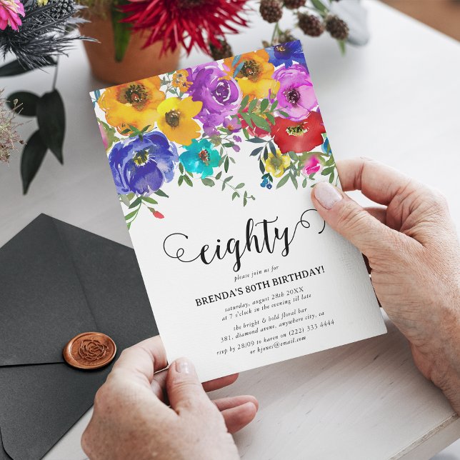 Ljusa och feta Blommigtar 80:e födelsedagen Inbjudningar (Skapare uppladdad)