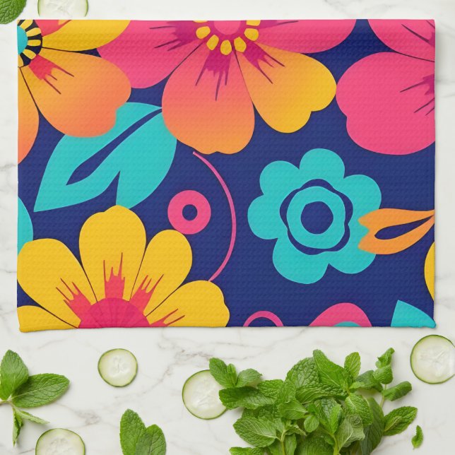 Ljusa och feta Retro Flowers-Dopamin Stil Kökshandduk (Vikta)