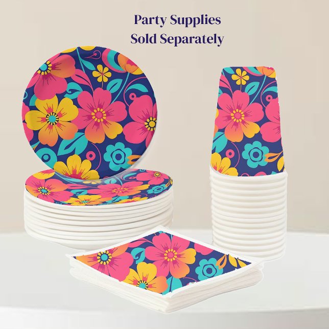 Ljusa och feta Retro Flowers-Dopamin Stil Pappersservett (Bright and Bold Retro Flowers-Dopamine Style Party supplies paper plate, napkins, and cups)