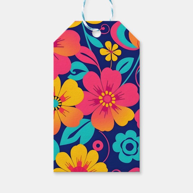 Ljusa och feta Retro Flowers-Dopamin Stil Presentetikett (Framsidan)