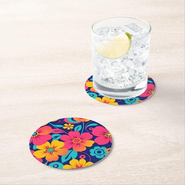 Ljusa och feta Retro Flowers-Dopamin Stil Underlägg Papper Rund (Insitu)