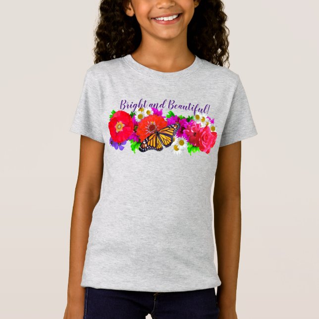 Ljusa och vackra Monarch Butterfly och Flowers T Shirt (Framsida)
