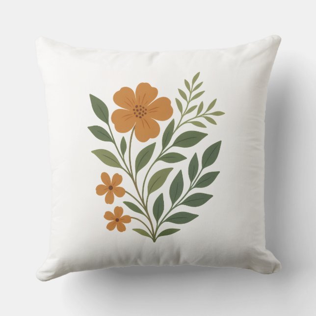 Ljusa Orange Flowers med Grönt Löv Kudde (Baksida)