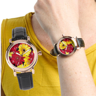 Ljusa röda och gula Gerber daisy Armbandsur
