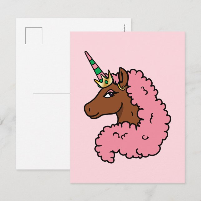 Ljusa rosa Afro Unicorn Vykort (Fram/baksida)