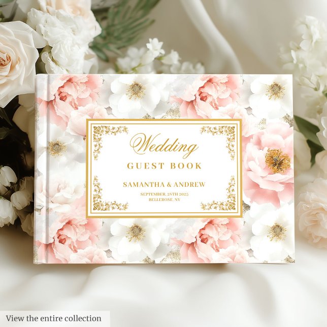ljusa rosa blommor från söt guld bröllop gästböcker (Pretty watercolor light pink flowers gold wedding Guest Book)