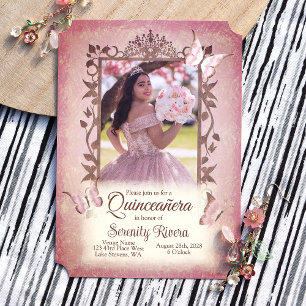 Ljusa rosa fjärilar, ornate Brown Quinceanera Inbjudningar