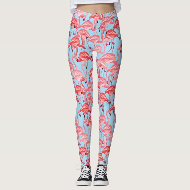 Ljusa rosa Flamingos på blått 2 Leggings (Framsida)
