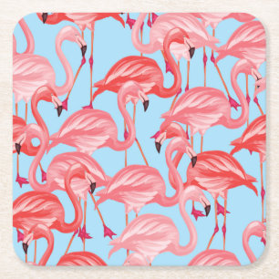 Ljusa rosa Flamingos på blått 2 Underlägg Papper Kvadrat