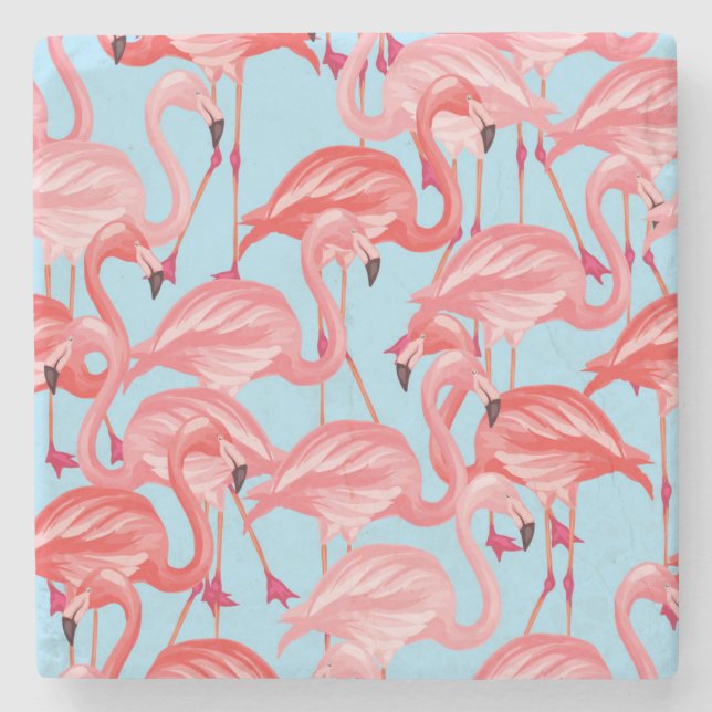 Ljusa rosa Flamingos på blått 2 Underlägg Sten (Framsidan)