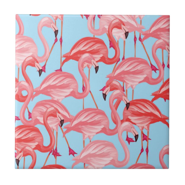Ljusa rosa Flamingos på blått Kakelplatta (Framsidan)