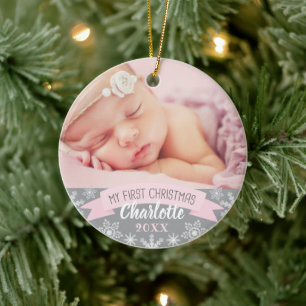 Ljusa rosa Flicka-foto, första jul Julgransprydnad Keramik