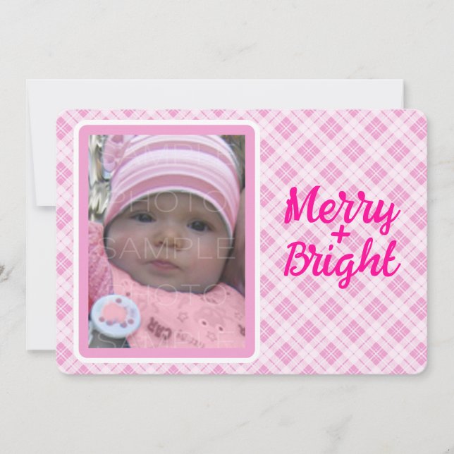 Ljusa rosa helgdagar för tartan Jul Merry Bright Julkort (Framsida)