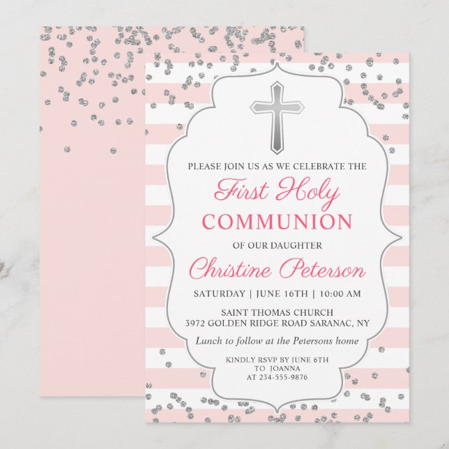 Ljusa rosa kommissionen silver Glitter i första He Inbjudningar (Fram/baksida)