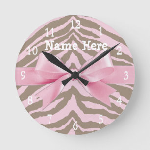 Ljusa rosa och bruna Zebra w/ Ribbon Bow Rund Klocka