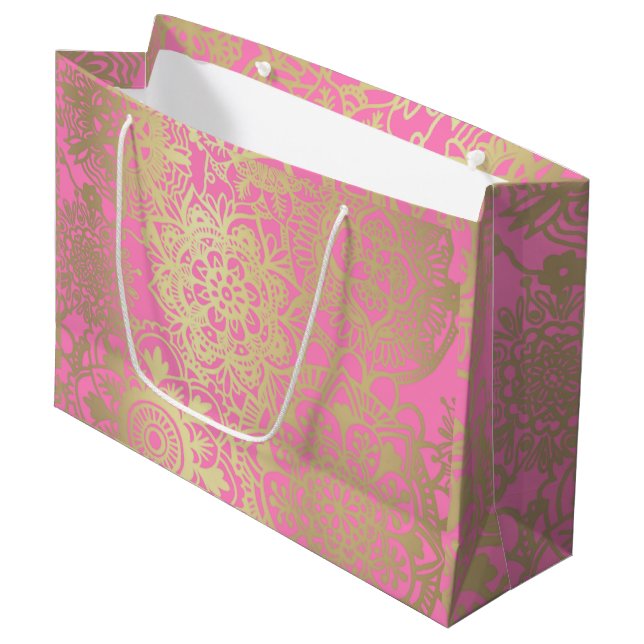 ljusa rosa och Guld Mandala Mönster Large Gift Bag (Framsidan Vinklad)