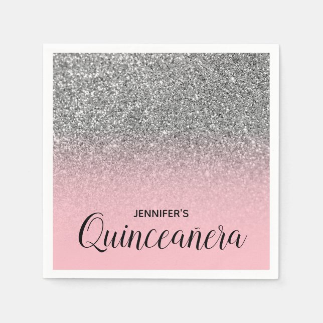 Ljusa rosa och Silver Glitter Ombre Quinceanera Pappersservett (Framsidan)