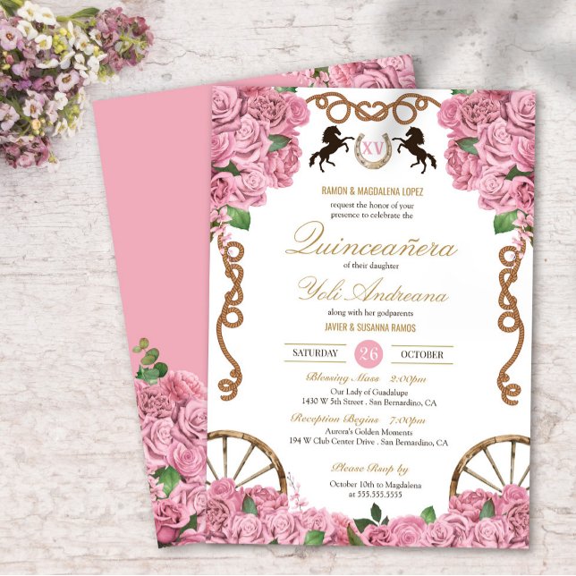 Ljusa rosa Ro Blommigt Western Charra Quinceanera Inbjudningar (Skapare uppladdad)