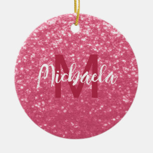 Ljusa rosa ro-faux-sparkler glitter Monogram Julgransprydnad Keramik