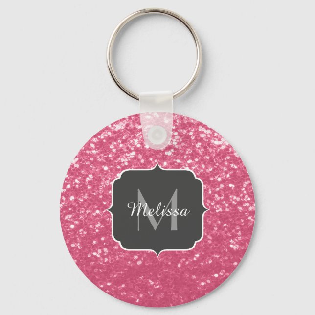 Ljusa rosa ro-faux-sparkler glitter Monogram Nyckelring (Framsida)
