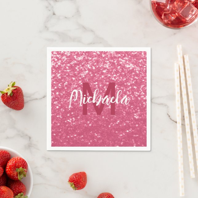 Ljusa rosa ro-faux-sparkler glitter Monogram Pappersservett (Insitu)