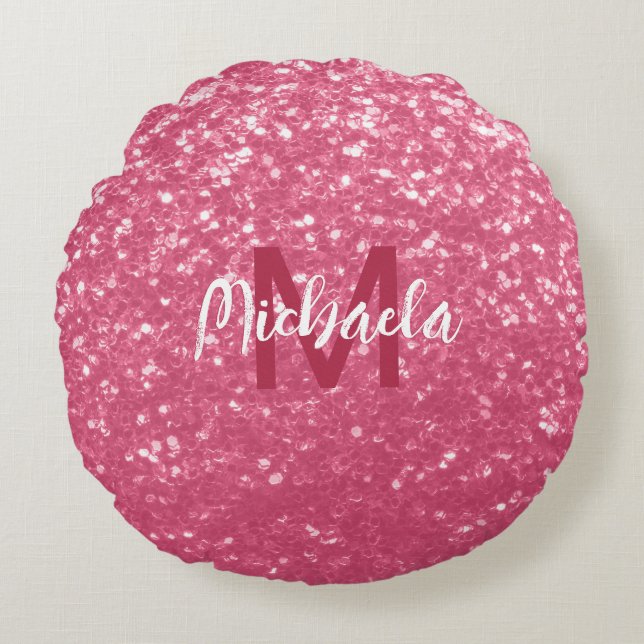 Ljusa rosa ro-faux-sparkler glitter Monogram Rund Kudde (Framsidan)