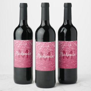 Ljusa rosa ro-faux-sparkler glitter Monogram Vinflaska Etikett