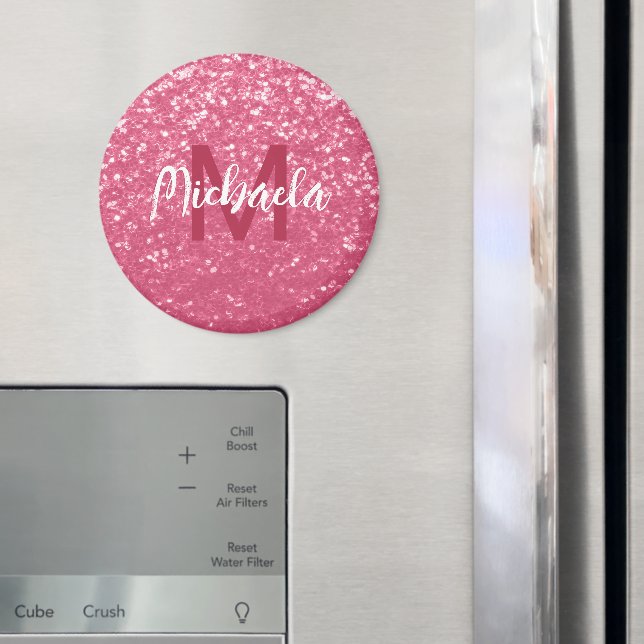 Ljusa rosa röd ros-faux-sparkler glitter Monogram Magnet (In Situ (Fridge))