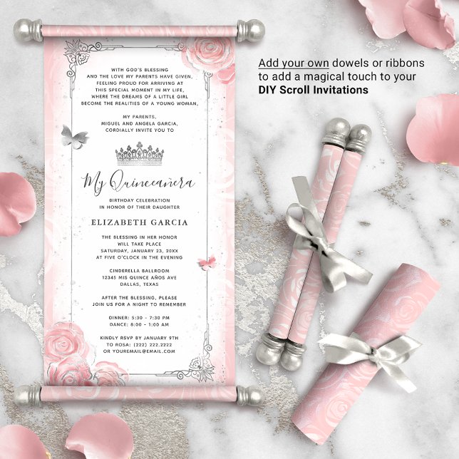 Ljusa rosa Silver Quince DIY-Rulla-inbjudningar (DIY scrolls do not come with dowels. Add your own or roll up with a ribbon for a personalized touch!)