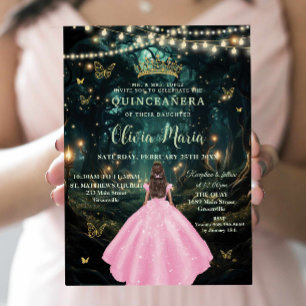 Ljusa rosa skogsdressen Guld Quinceañera Inbjudningar